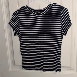 Navy & White Striped Soft Tee – Y2K Stretch Basic T-Shirt (Fits Small)